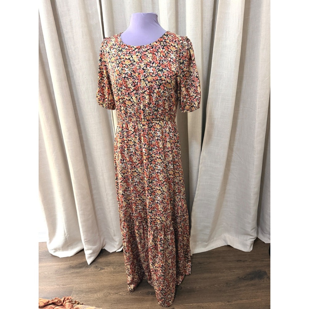 Mikarose Womens Maxi Dress M Multicolor Floral Tiered Puff Sleeve Cottagecore